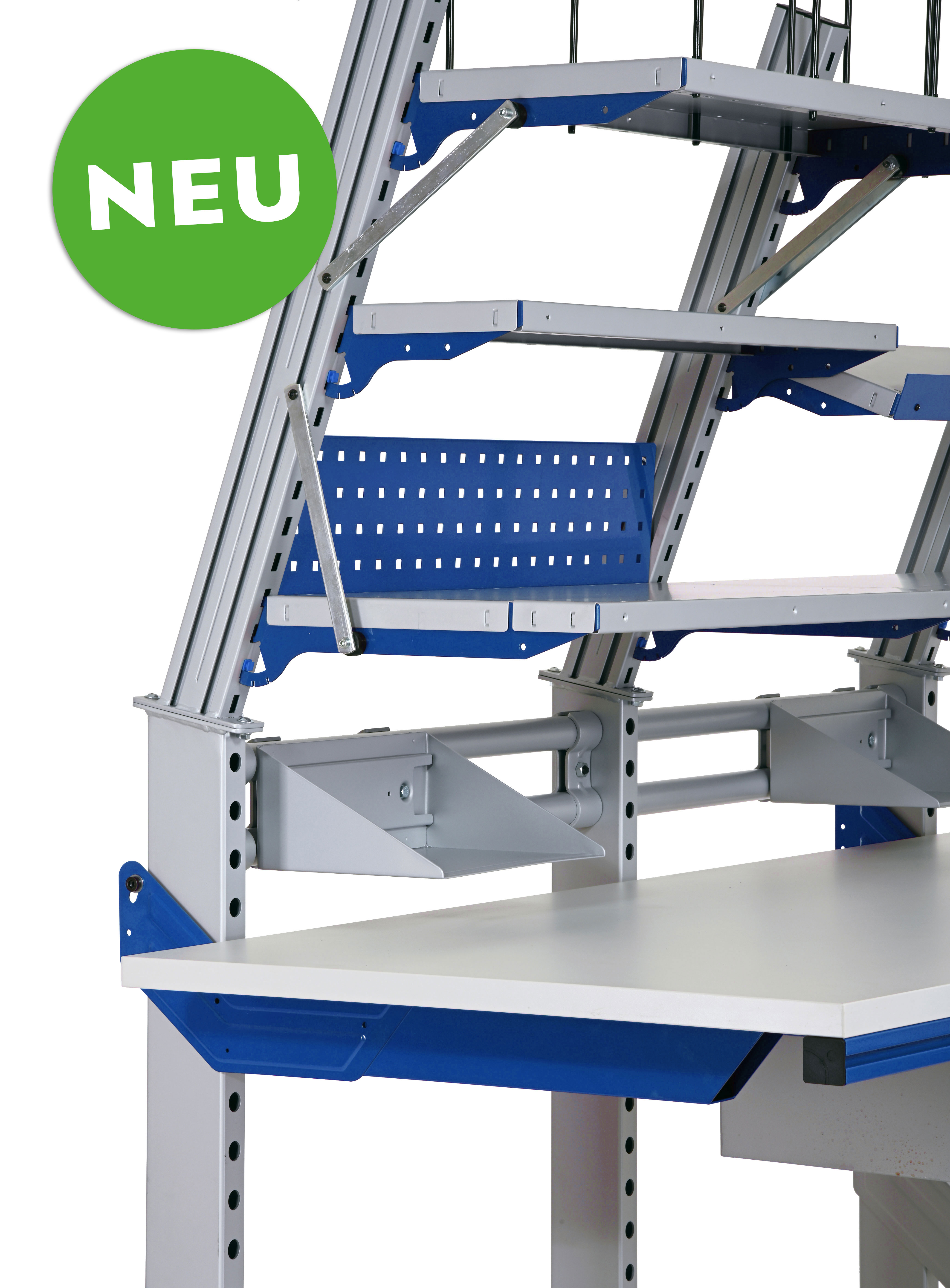 SYSTEM FLEX, shelf for heavy duty Rocholz mounting profiles with perforation with carrier arms type C, WxD: 1000x300mm, RAL9006/5010