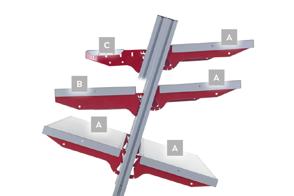 SYSTEM FLEX, shelf for heavy duty Rocholz mounting profiles with perforation with carrier arms type C, WxD: 1000x400mm, RAL9006/3003