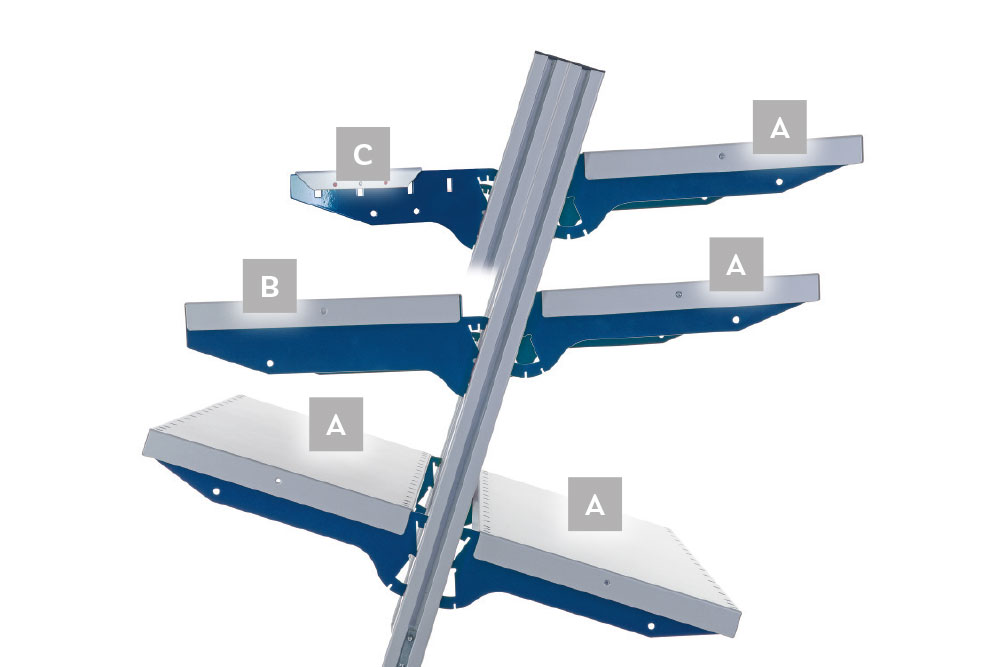 SYSTEM FLEX, shelf for heavy duty Rocholz mounting profiles with perforation with carrier arms type C, WxD: 1000x300mm, RAL9006/5010