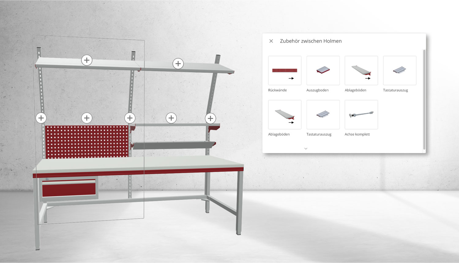 Landingpage Packtisch-Konfigurator: Übersichtliche Benutzeroberfläche mit verschiedenen konfigurierbaren Packtisch-Optionen, Produktbildern und Auswahlfeldern auf hellem Hintergrund