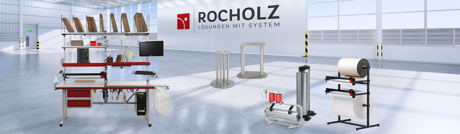 Rocholz restructures Alle Produktbereiche stehen in kleinen Gruppen in einer hellen, modernen Industriehalle; hinten an der Wand ist das rote Rocholz-Logo zu sehen